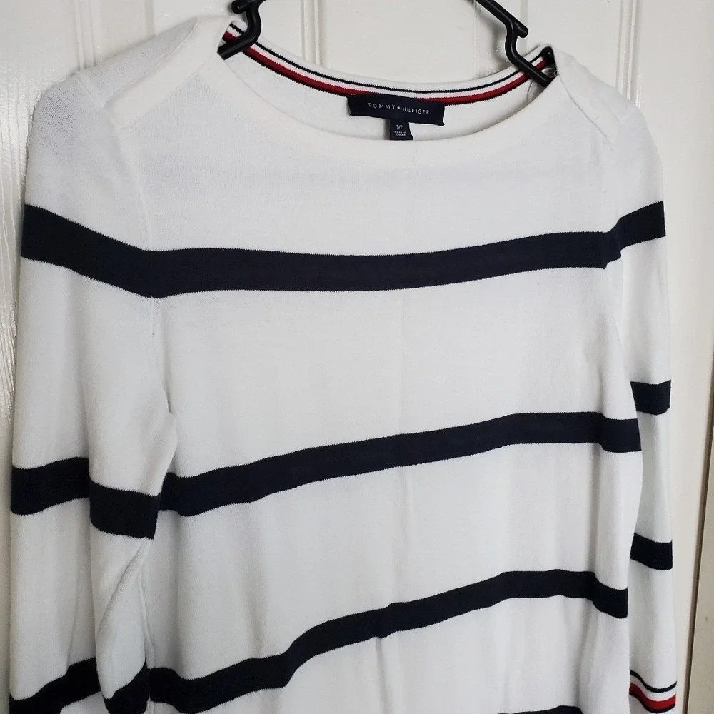 Tommy Hilfiger Nautical White Navy Stripe Long Sleeve Sweater Classy Top Size SP
